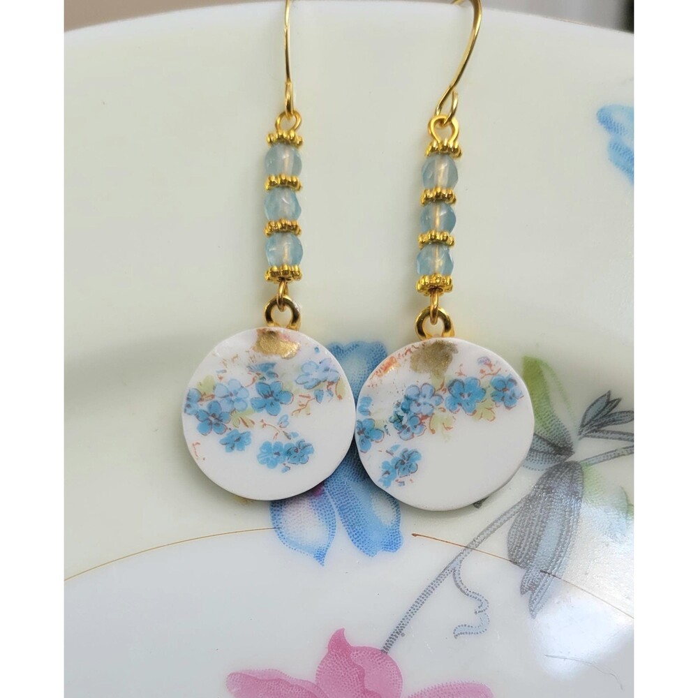 Broken China Earrings - Blue Cornflowers with Faceted Chalcedony Beads